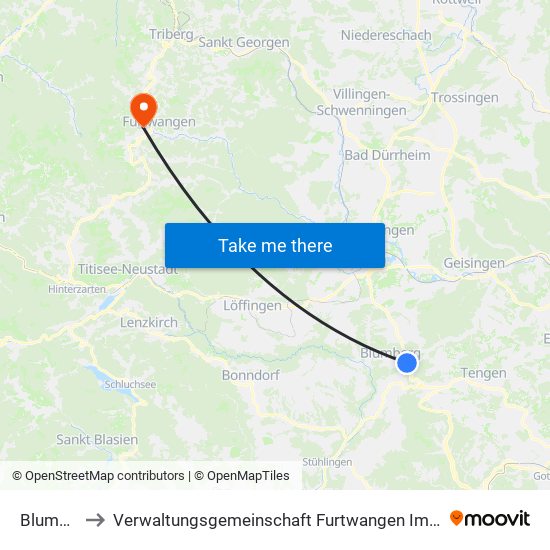 Blumberg to Verwaltungsgemeinschaft Furtwangen Im Schwarzwald map