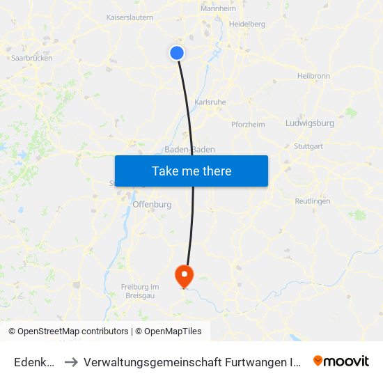 Edenkoben to Verwaltungsgemeinschaft Furtwangen Im Schwarzwald map