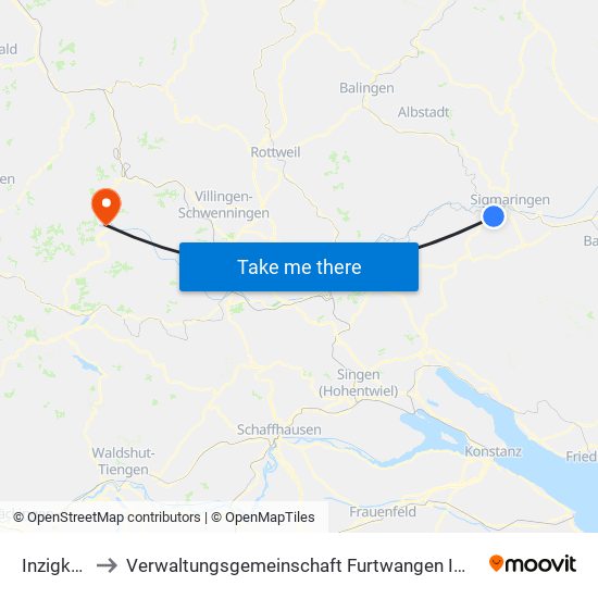 Inzigkofen to Verwaltungsgemeinschaft Furtwangen Im Schwarzwald map