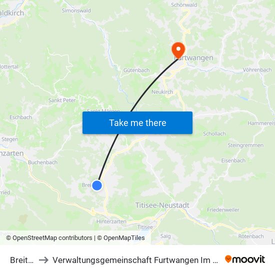 Breitnau to Verwaltungsgemeinschaft Furtwangen Im Schwarzwald map