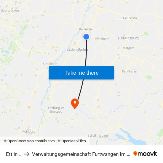 Ettlingen to Verwaltungsgemeinschaft Furtwangen Im Schwarzwald map