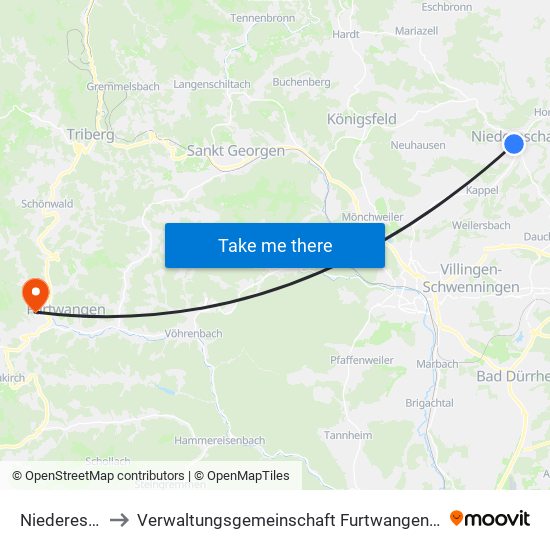 Niedereschach to Verwaltungsgemeinschaft Furtwangen Im Schwarzwald map