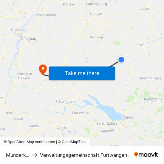 Munderkingen to Verwaltungsgemeinschaft Furtwangen Im Schwarzwald map