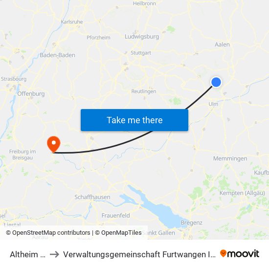 Altheim (Alb) to Verwaltungsgemeinschaft Furtwangen Im Schwarzwald map