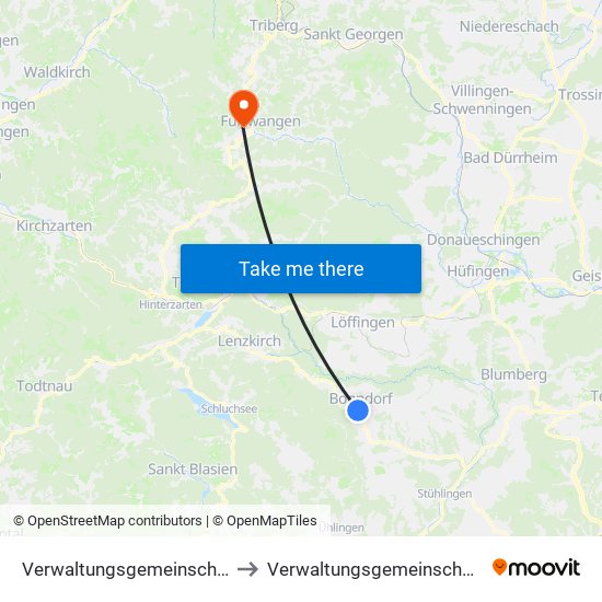 Verwaltungsgemeinschaft Bonndorf Im Schwarzwald to Verwaltungsgemeinschaft Furtwangen Im Schwarzwald map