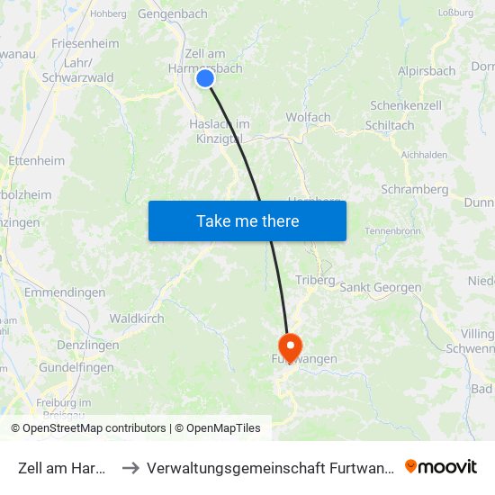 Zell am Harmersbach to Verwaltungsgemeinschaft Furtwangen Im Schwarzwald map