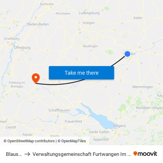 Blaustein to Verwaltungsgemeinschaft Furtwangen Im Schwarzwald map