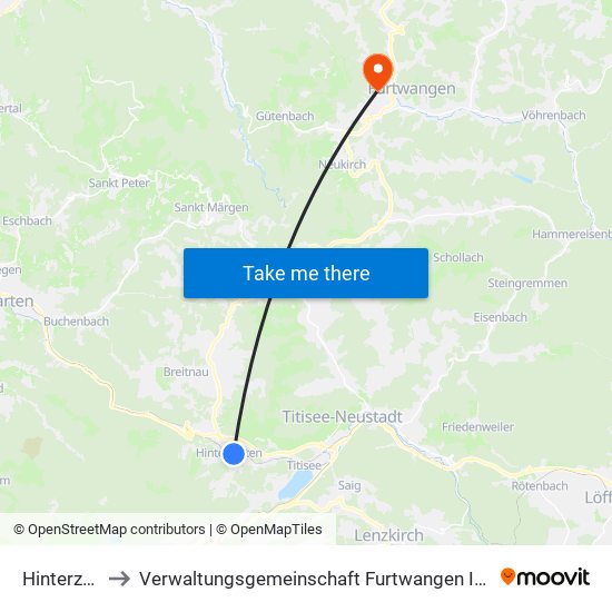 Hinterzarten to Verwaltungsgemeinschaft Furtwangen Im Schwarzwald map