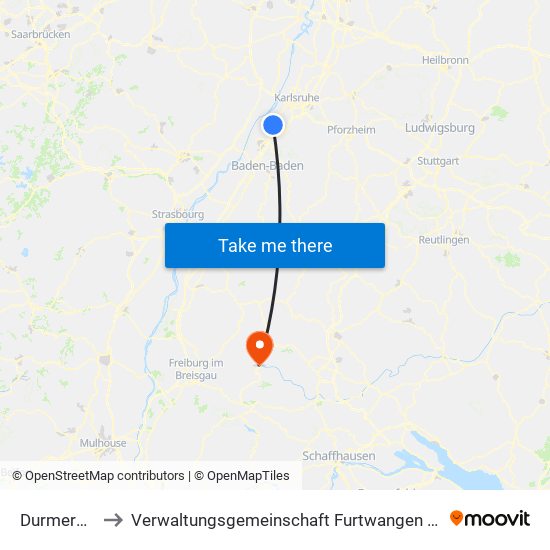 Durmersheim to Verwaltungsgemeinschaft Furtwangen Im Schwarzwald map