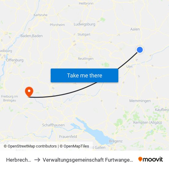 Herbrechtingen to Verwaltungsgemeinschaft Furtwangen Im Schwarzwald map