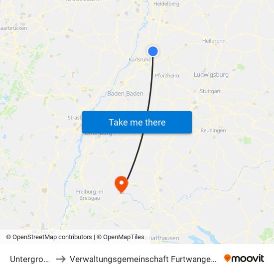 Untergrombach to Verwaltungsgemeinschaft Furtwangen Im Schwarzwald map