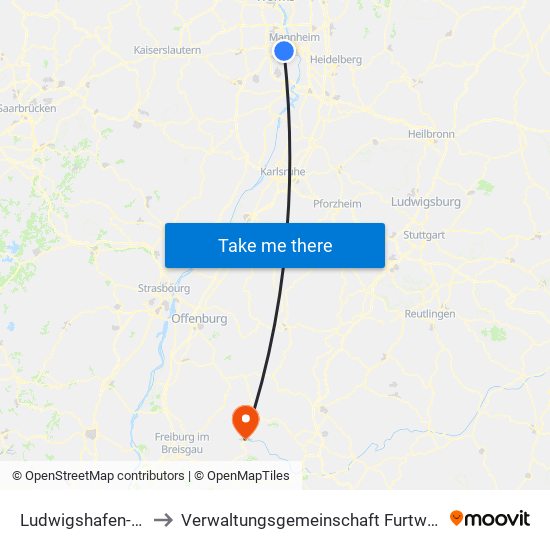 Ludwigshafen-Gartenstadt to Verwaltungsgemeinschaft Furtwangen Im Schwarzwald map