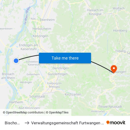 Bischoffingen to Verwaltungsgemeinschaft Furtwangen Im Schwarzwald map