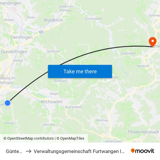 Günterstal to Verwaltungsgemeinschaft Furtwangen Im Schwarzwald map