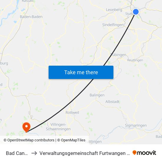 Bad Cannstatt to Verwaltungsgemeinschaft Furtwangen Im Schwarzwald map