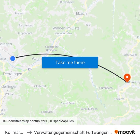 Kollmarsreute to Verwaltungsgemeinschaft Furtwangen Im Schwarzwald map