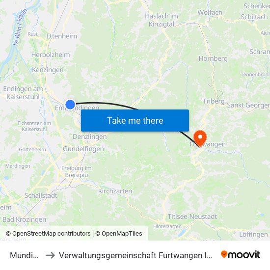 Mundingen to Verwaltungsgemeinschaft Furtwangen Im Schwarzwald map