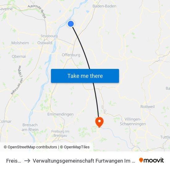 Freistett to Verwaltungsgemeinschaft Furtwangen Im Schwarzwald map