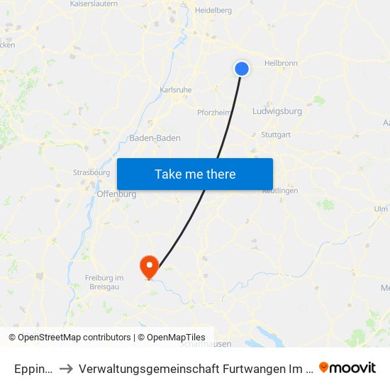 Eppingen to Verwaltungsgemeinschaft Furtwangen Im Schwarzwald map