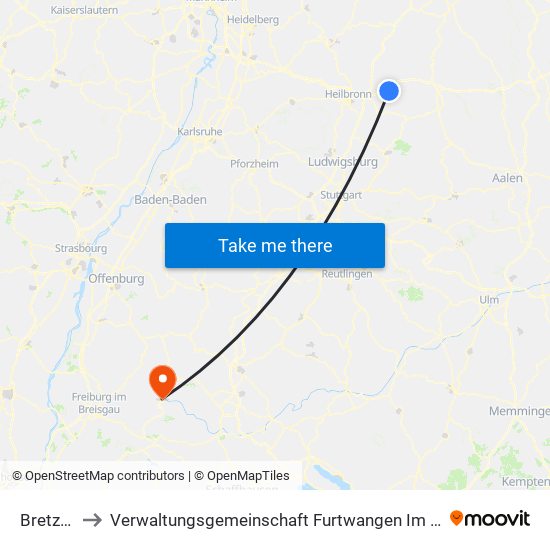 Bretzfeld to Verwaltungsgemeinschaft Furtwangen Im Schwarzwald map