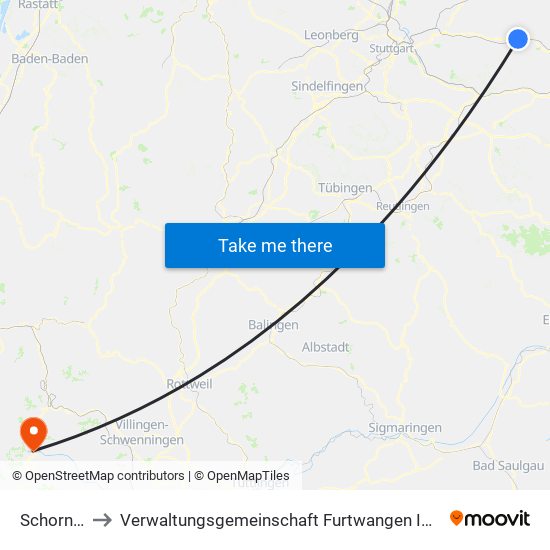 Schorndorf to Verwaltungsgemeinschaft Furtwangen Im Schwarzwald map