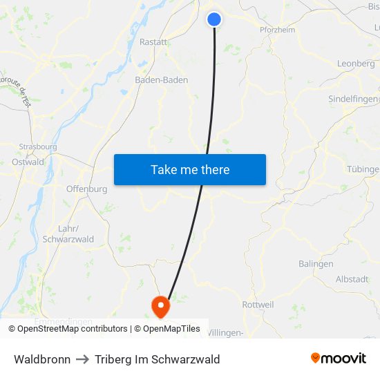 Waldbronn to Triberg Im Schwarzwald map