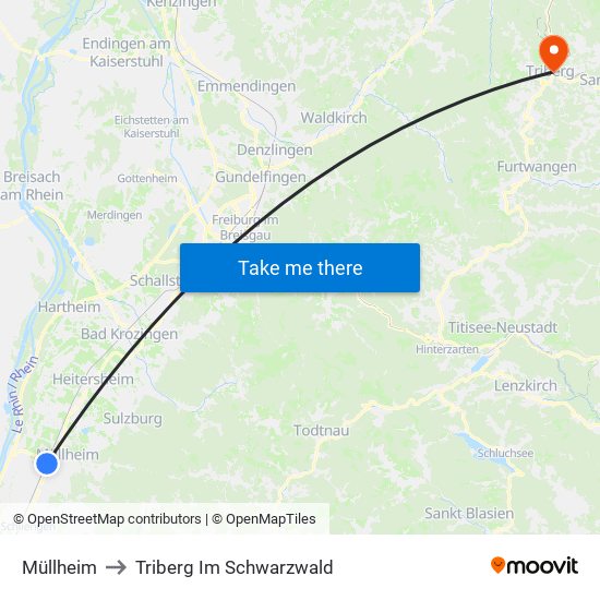 Müllheim to Triberg Im Schwarzwald map