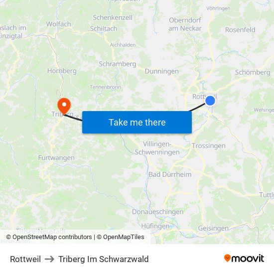 Rottweil to Triberg Im Schwarzwald map