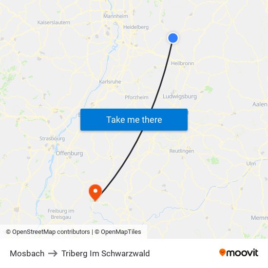 Mosbach to Triberg Im Schwarzwald map