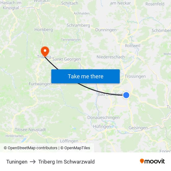 Tuningen to Triberg Im Schwarzwald map