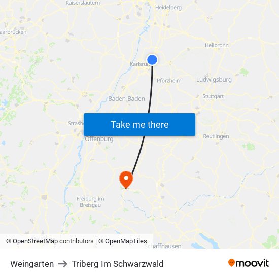 Weingarten to Triberg Im Schwarzwald map