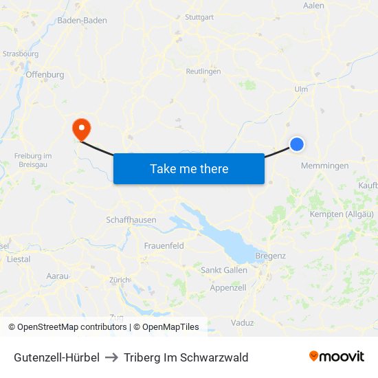Gutenzell-Hürbel to Triberg Im Schwarzwald map