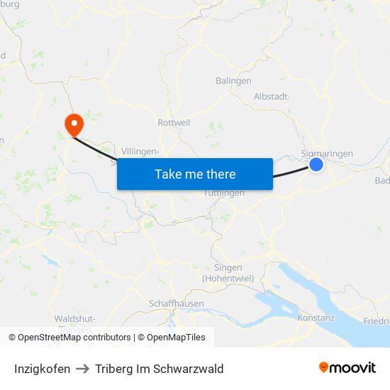 Inzigkofen to Triberg Im Schwarzwald map
