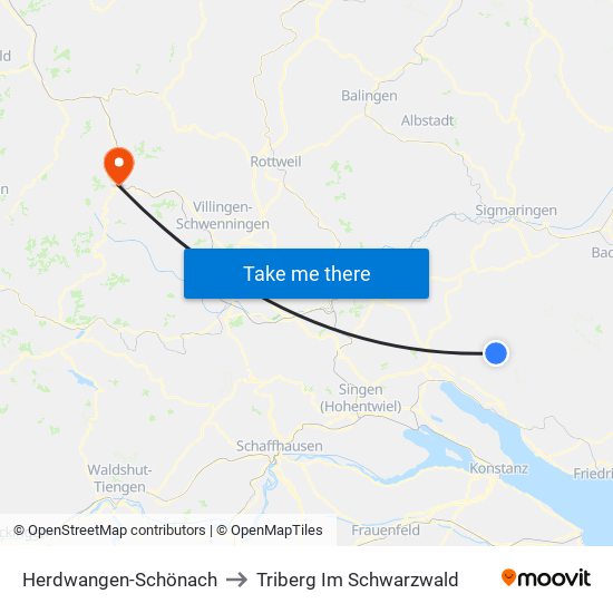 Herdwangen-Schönach to Triberg Im Schwarzwald map