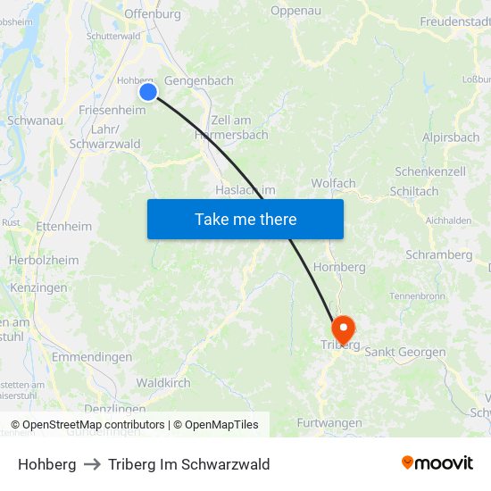 Hohberg to Triberg Im Schwarzwald map