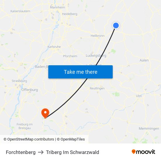 Forchtenberg to Triberg Im Schwarzwald map