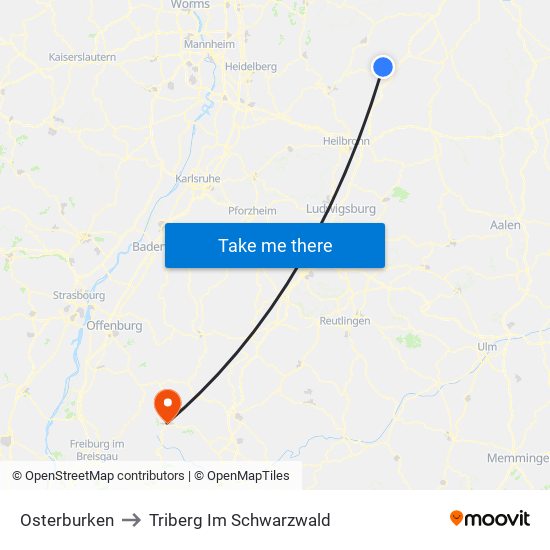 Osterburken to Triberg Im Schwarzwald map
