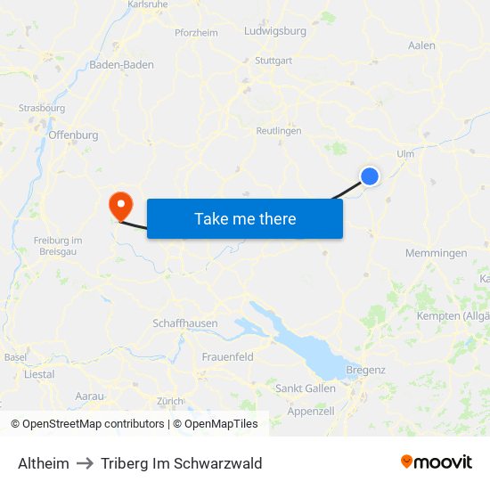 Altheim to Triberg Im Schwarzwald map