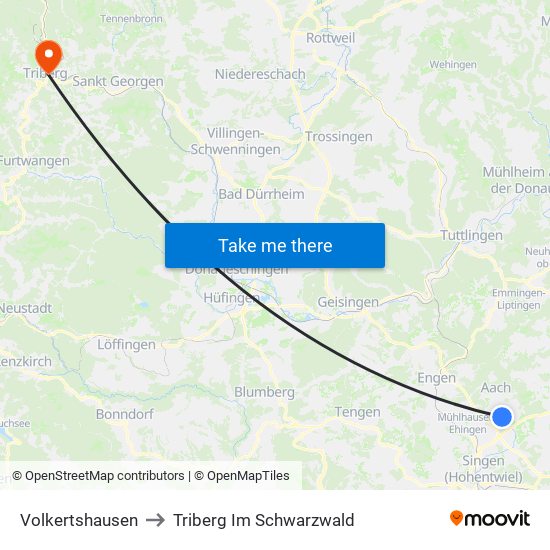 Volkertshausen to Triberg Im Schwarzwald map