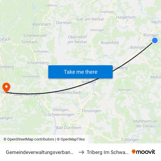 Gemeindeverwaltungsverband Bisingen to Triberg Im Schwarzwald map