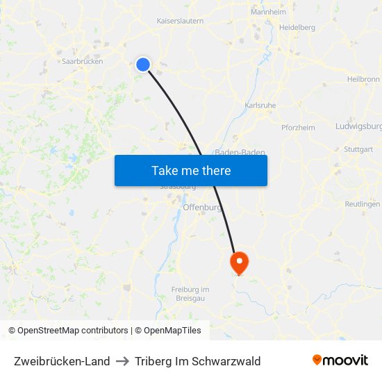 Zweibrücken-Land to Triberg Im Schwarzwald map