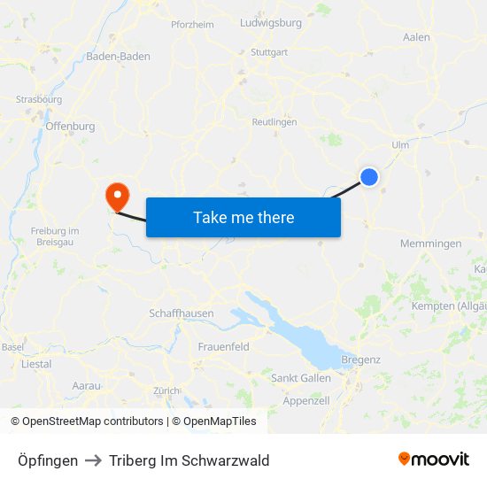 Öpfingen to Triberg Im Schwarzwald map