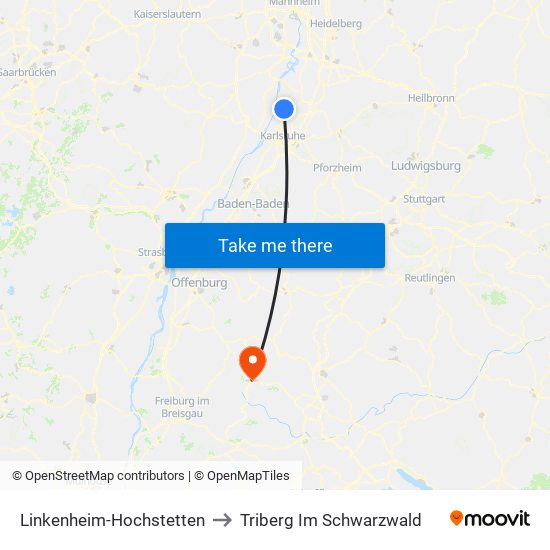 Linkenheim-Hochstetten to Triberg Im Schwarzwald map