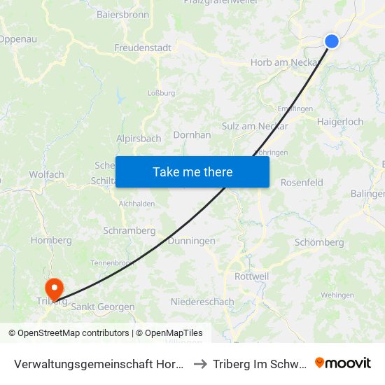 Verwaltungsgemeinschaft Horb am Neckar to Triberg Im Schwarzwald map