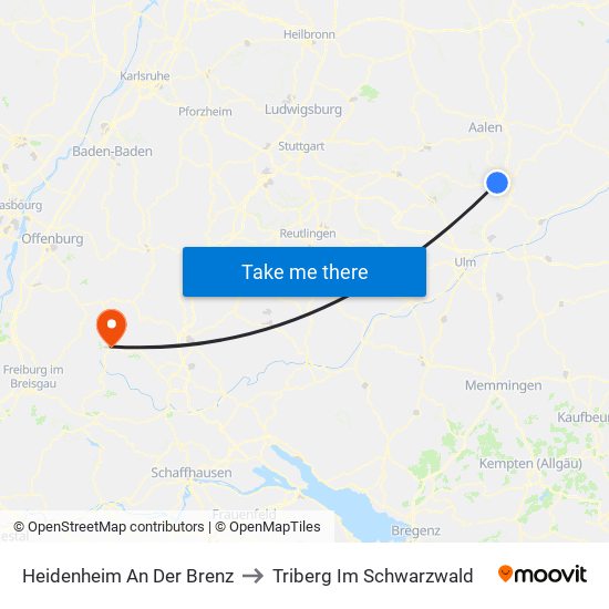 Heidenheim An Der Brenz to Triberg Im Schwarzwald map