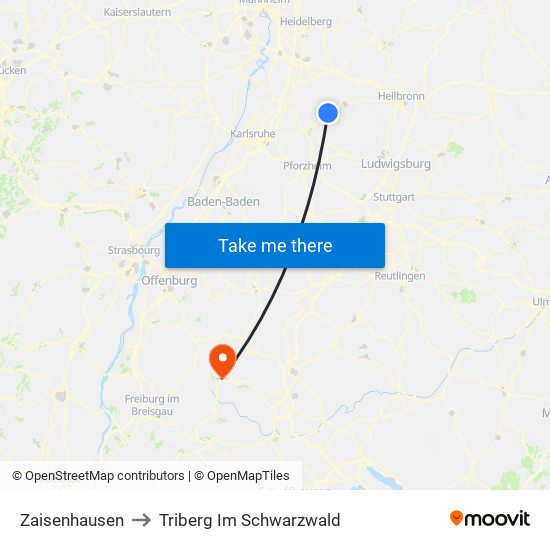 Zaisenhausen to Triberg Im Schwarzwald map