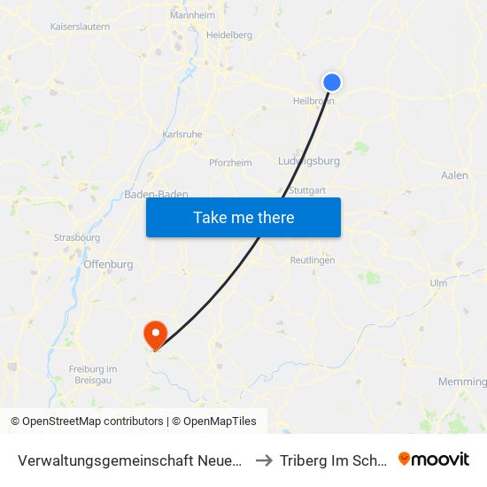 Verwaltungsgemeinschaft Neuenstadt am Kocher to Triberg Im Schwarzwald map