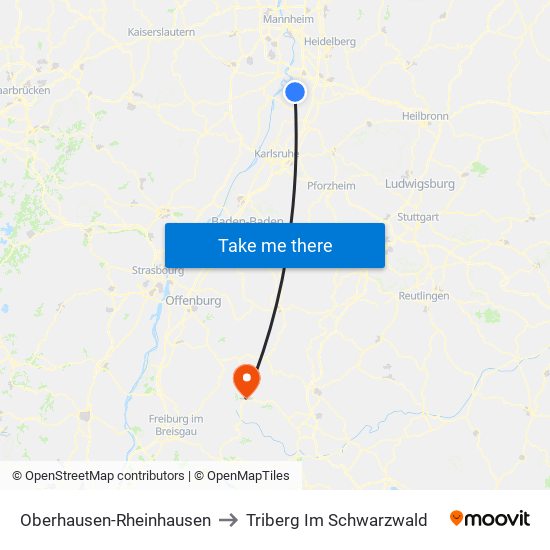 Oberhausen-Rheinhausen to Triberg Im Schwarzwald map