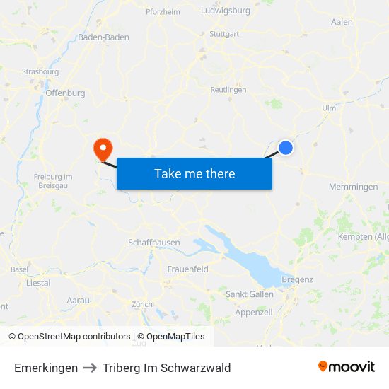 Emerkingen to Triberg Im Schwarzwald map