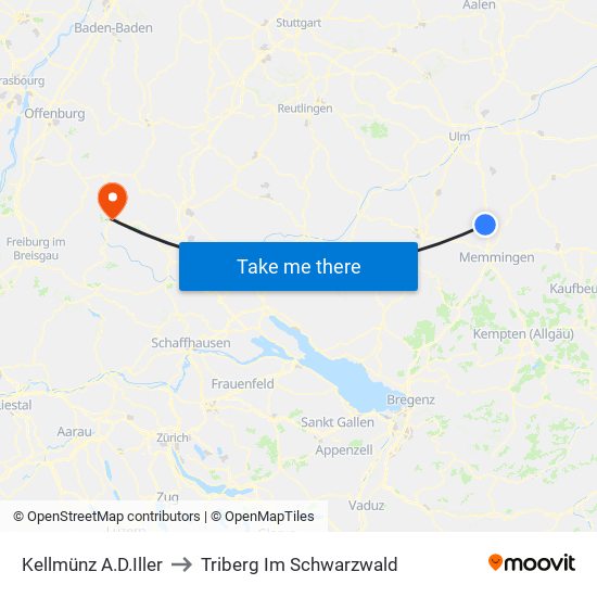 Kellmünz A.D.Iller to Triberg Im Schwarzwald map